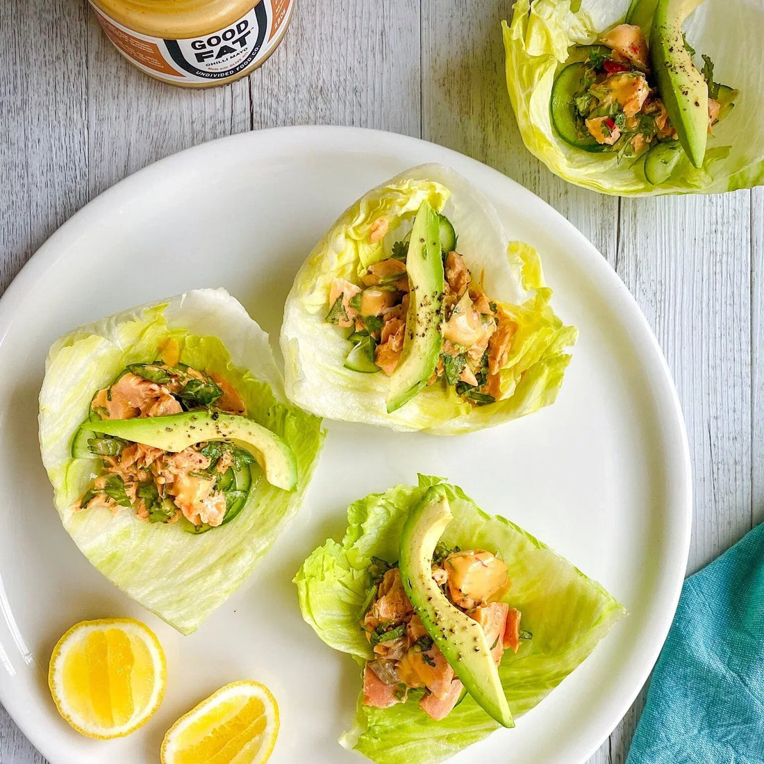 Hot Smoked Salmon, Avocado & Chili Mayo Lettuce Cups