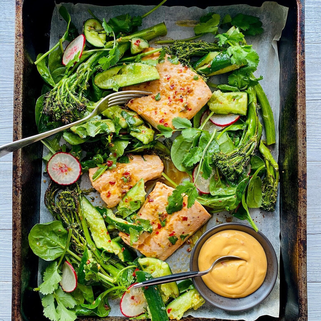 Asian Tray Roast Salmon and Smashed Cucumber Salad