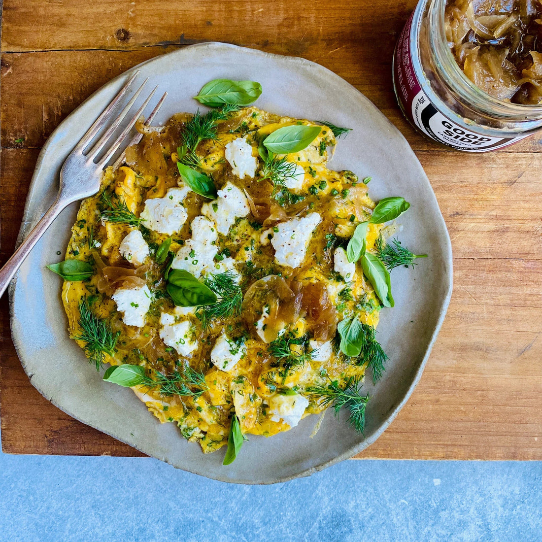 Goats Cheese, Caramelised Onion and Herb Omelette
