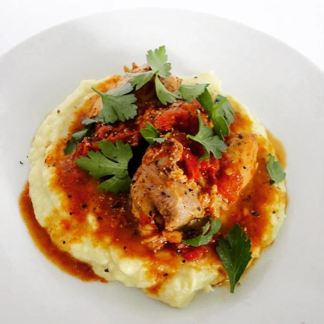 Chicken in a Cinnamon-Tomato Sauce with Cauliflower Mash