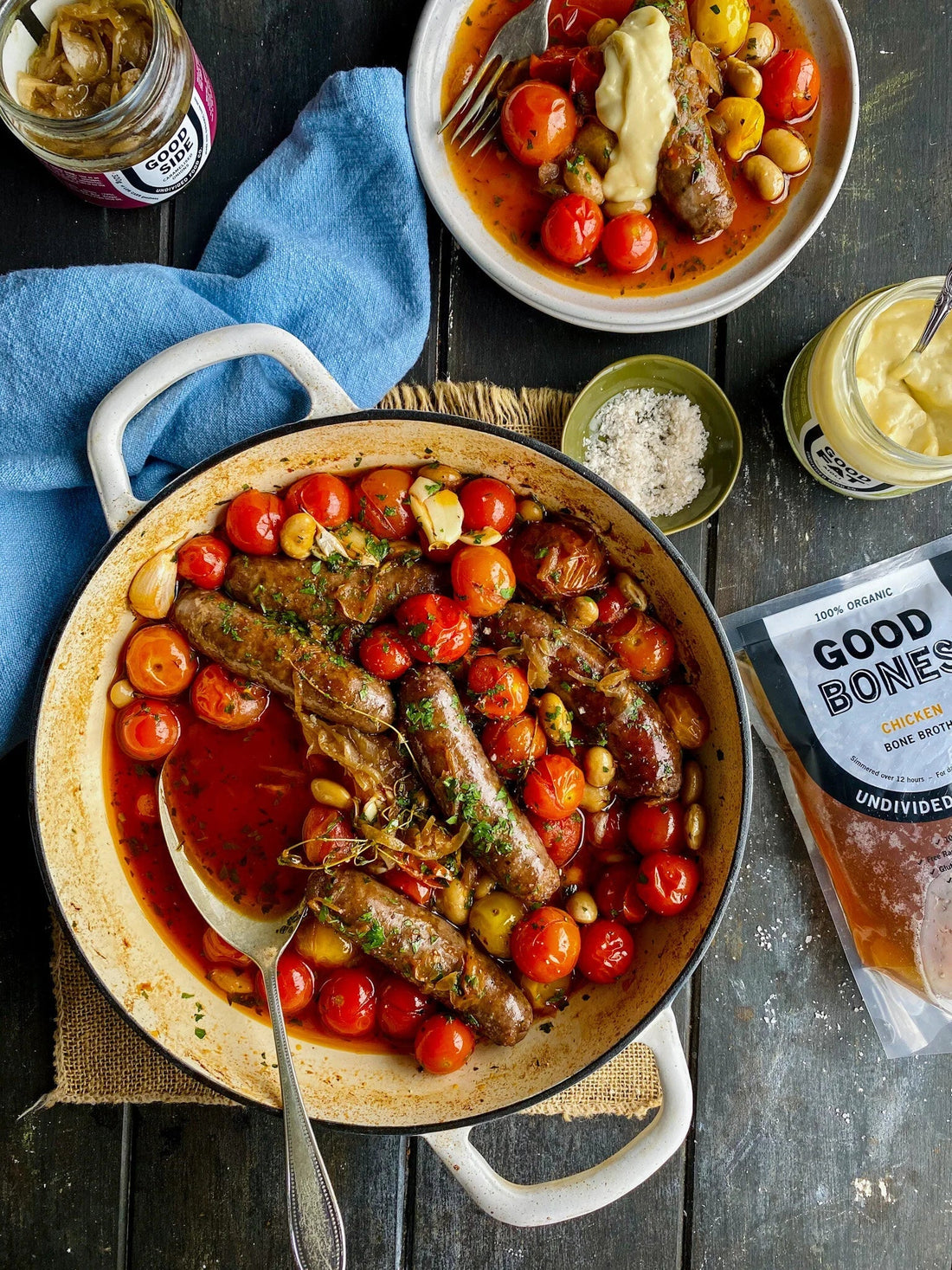 Braised Sausages with Caramelised Onions, Tomatoes & Butter Beans