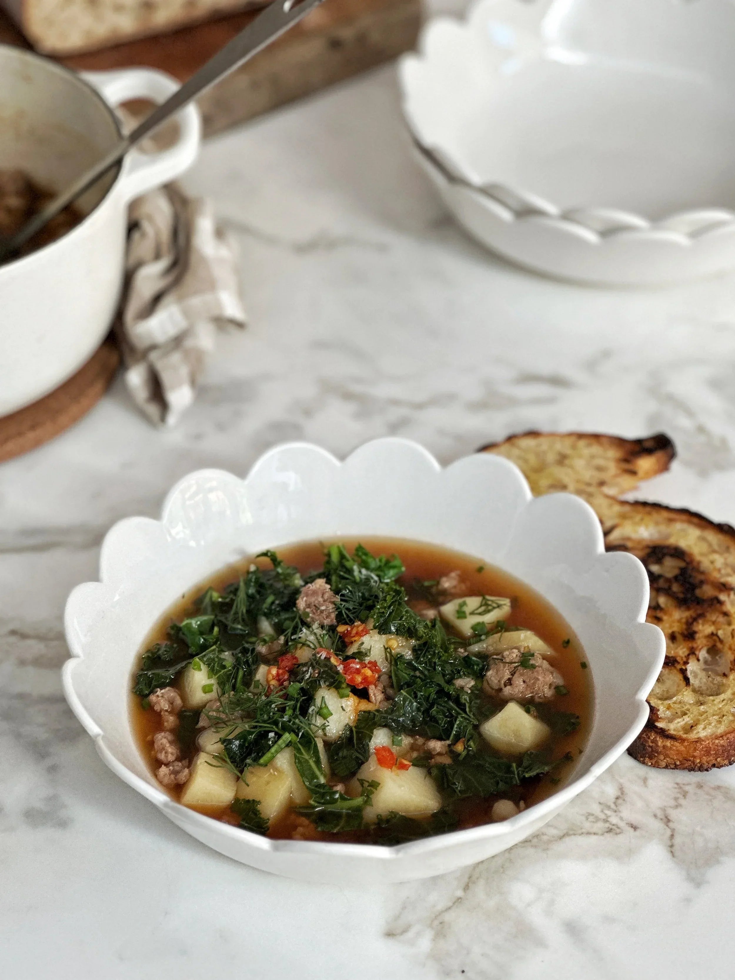 Sausage, Potato & Kale Broth with Elizabeth Hewson of Saturday Night Pasta