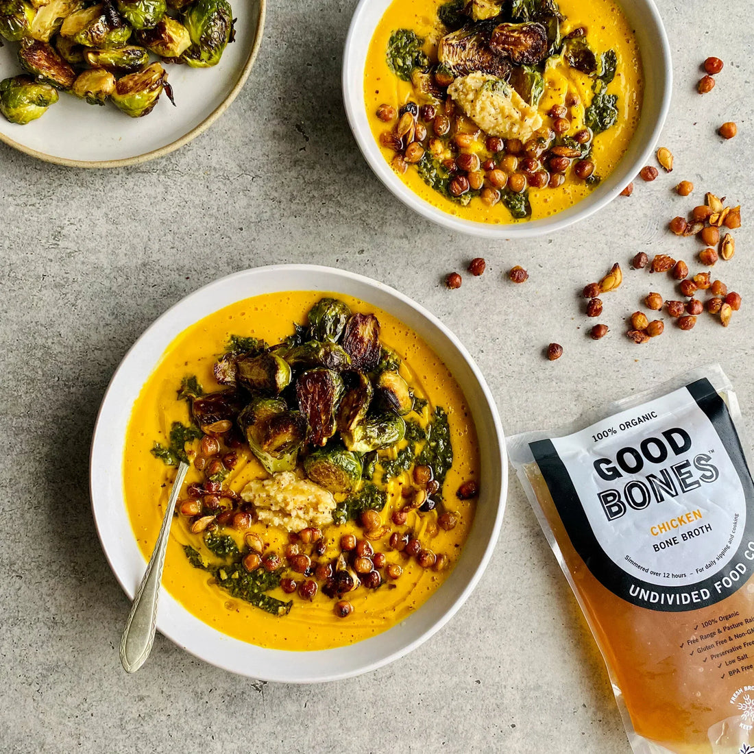 Pumpkin & leek soup with brussels sprouts & crispy chickpeas