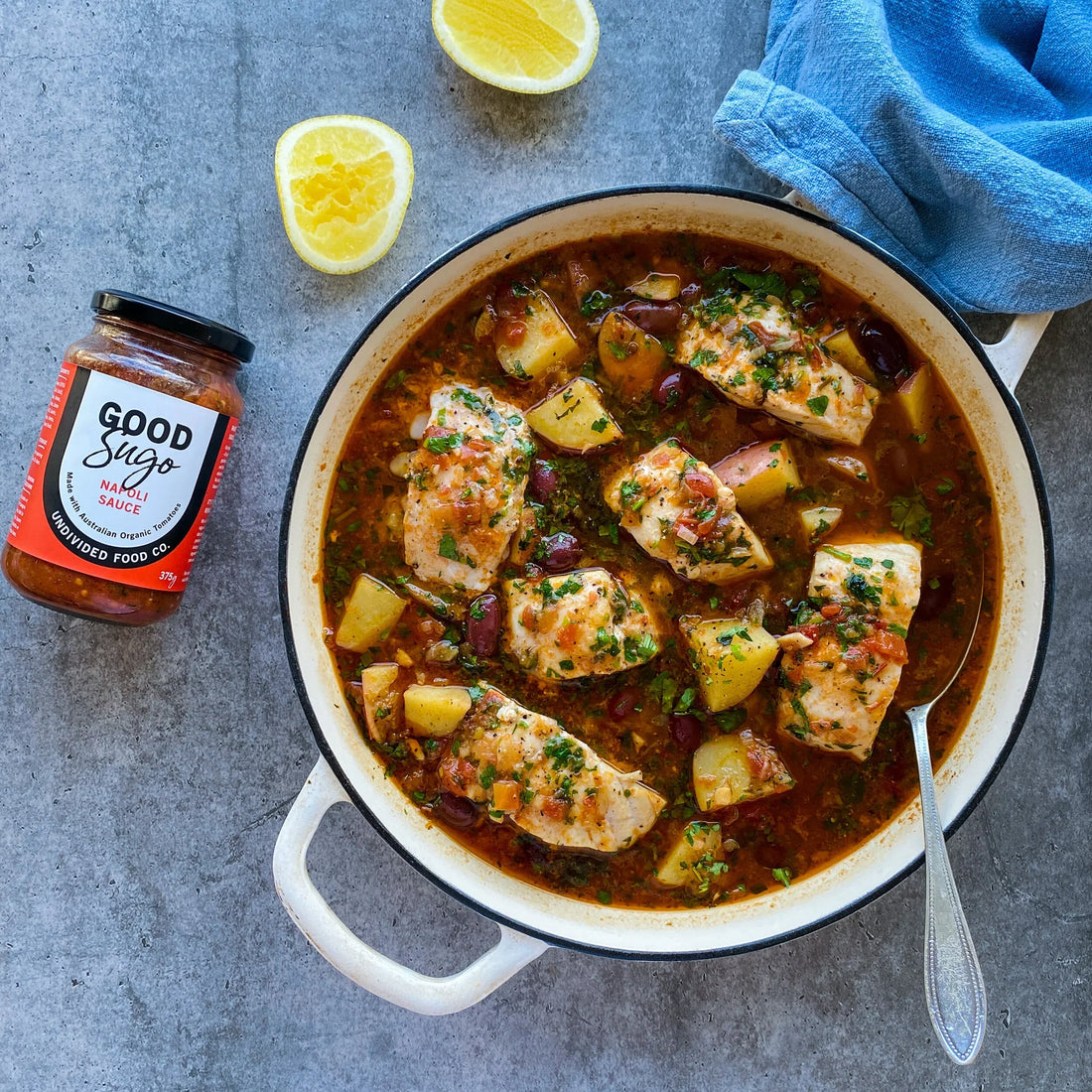 One pot braised fish with GOOD Sugo, olives, potato & parsley