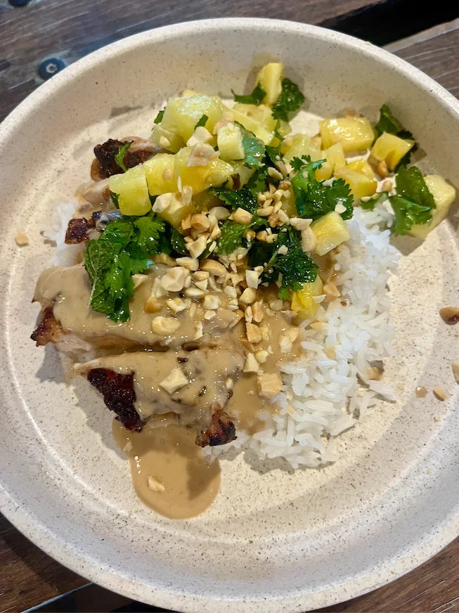 Charred Chicken with Satay Sauce and Pineapple Salsa