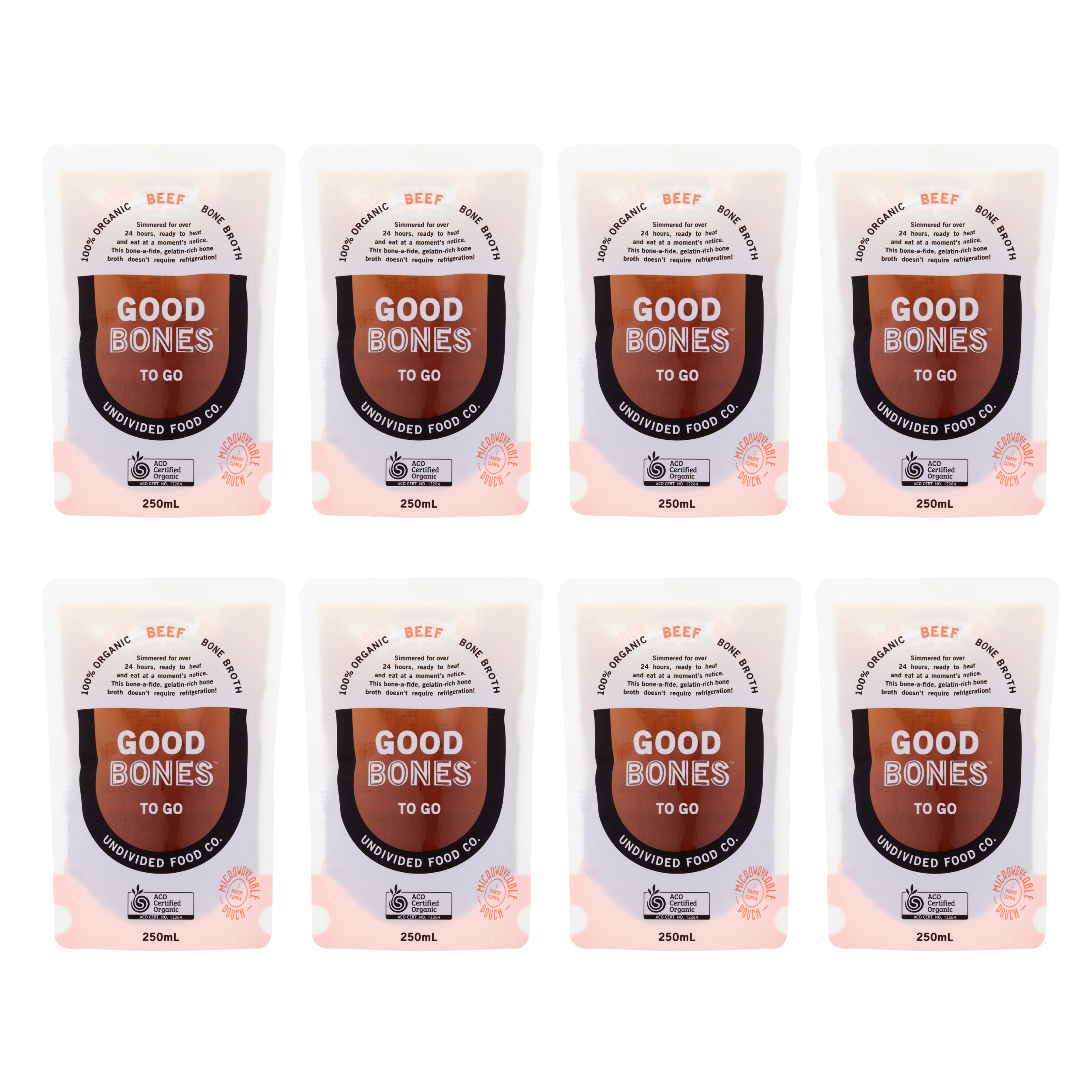 GOOD BONES TO GO Certified Organic Beef Bone Broth, case of eight 250ml pouches
