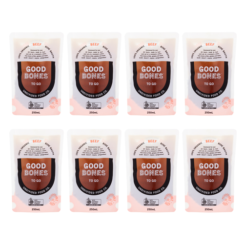 GOOD BONES TO GO Certified Organic Beef Bone Broth, case of eight 250ml pouches