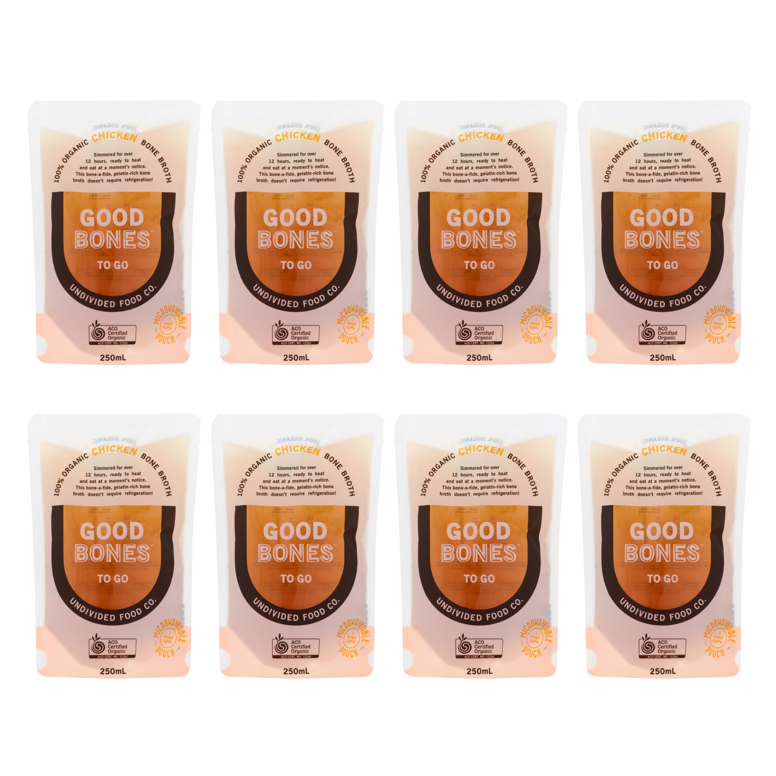 GOOD BONES TO GO Certified Organic Chicken Bone Broth, case of eight 250ml pouches