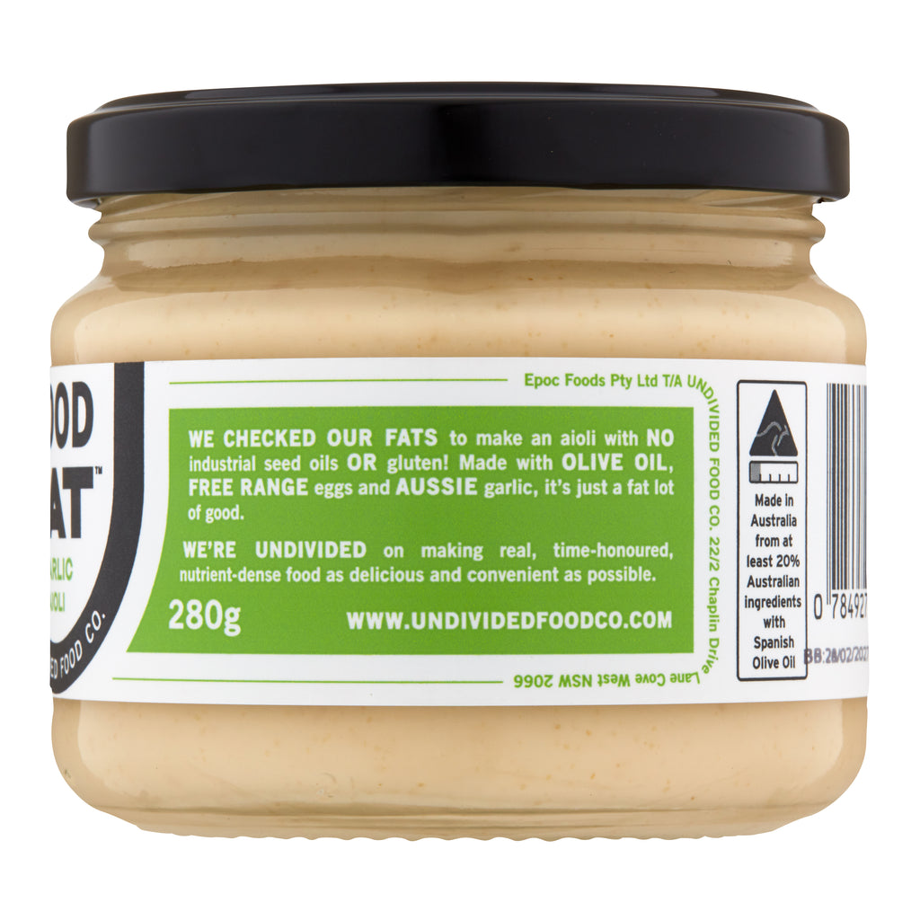 GOOD FAT Garlic Aioli 280g jar, back of label