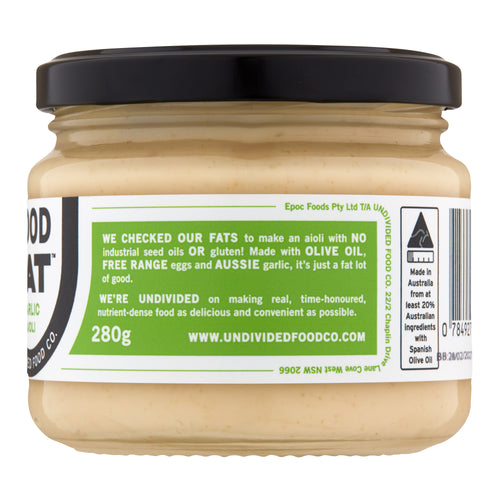 GOOD FAT Garlic Aioli 280g jar, back of label