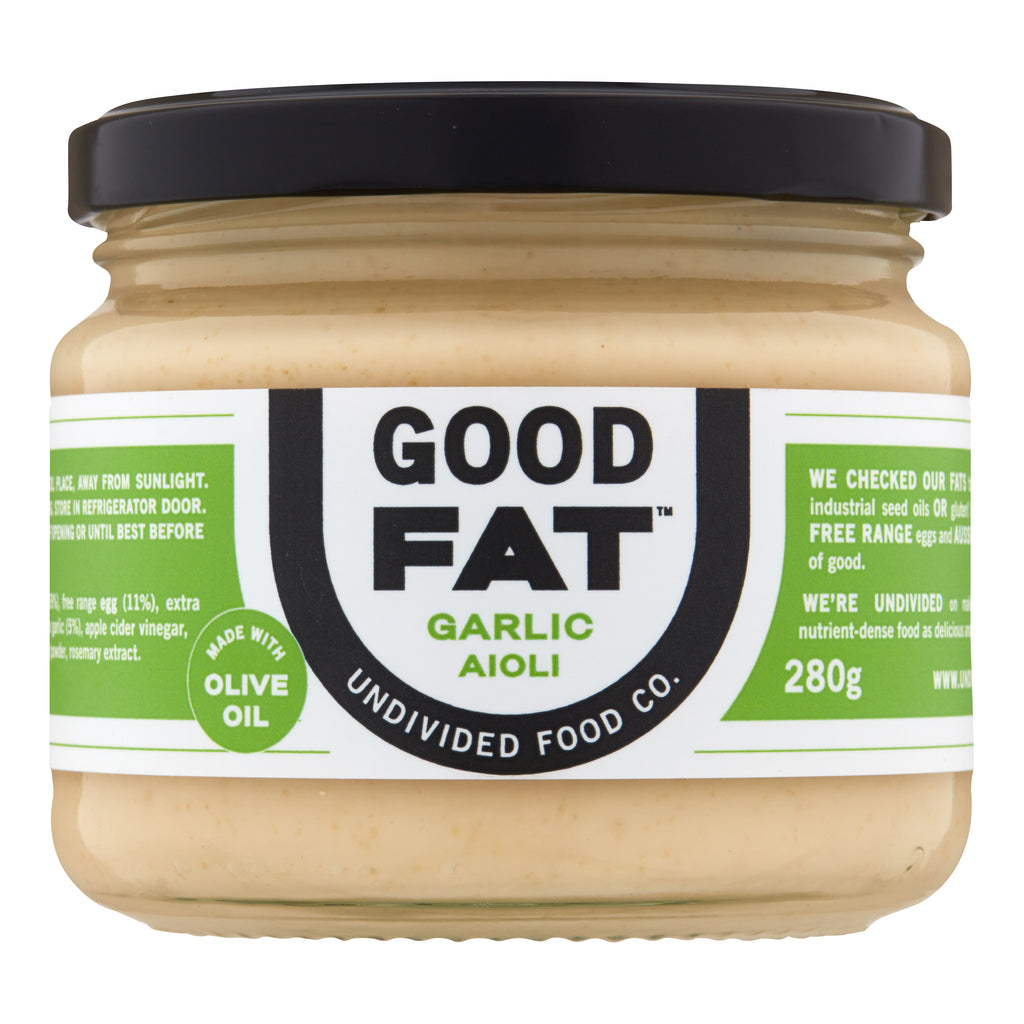GOOD FAT Garlic Aioli 280g jar, front of label