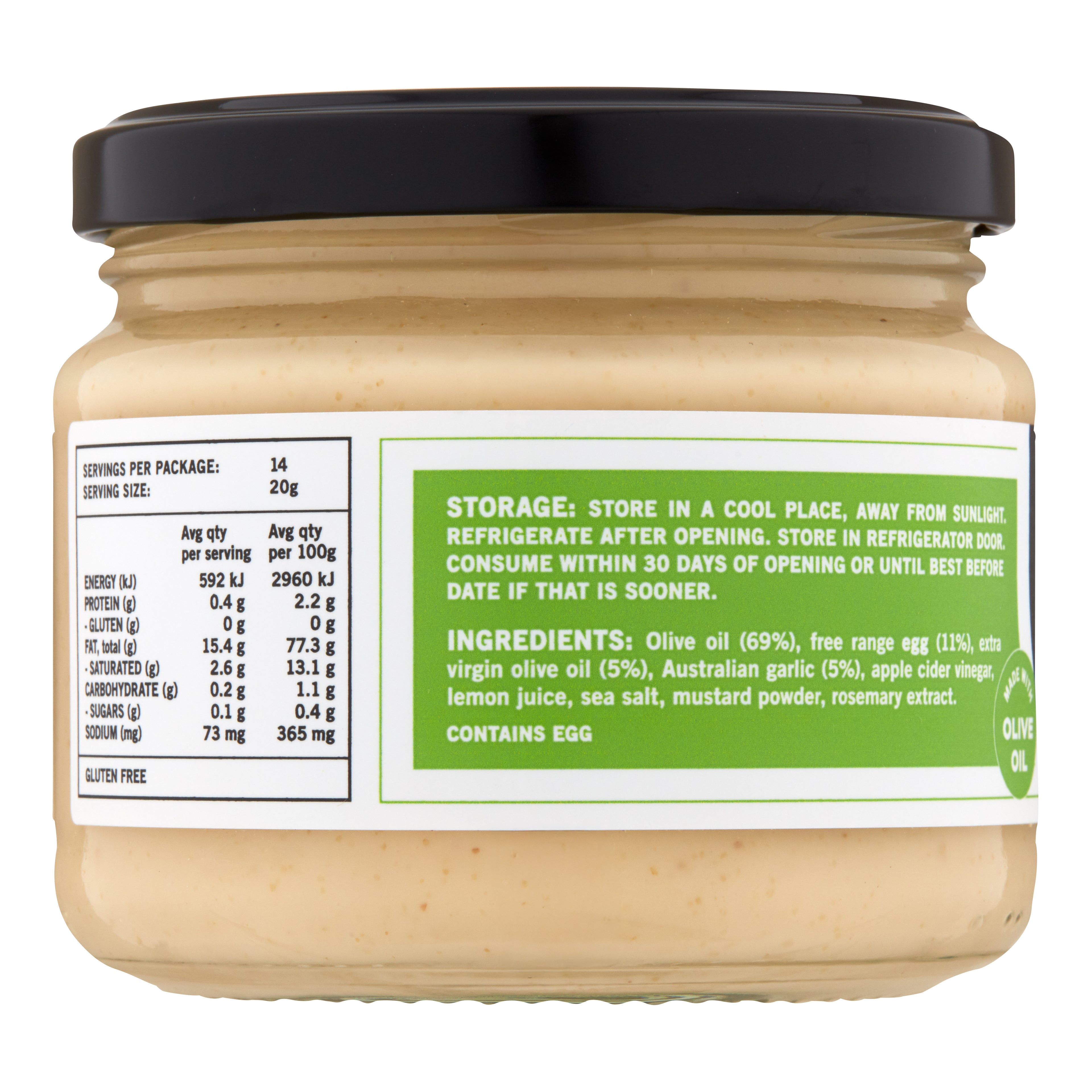 GOOD FAT Garlic Aioli 280g jar, ingredients and nutrition panel