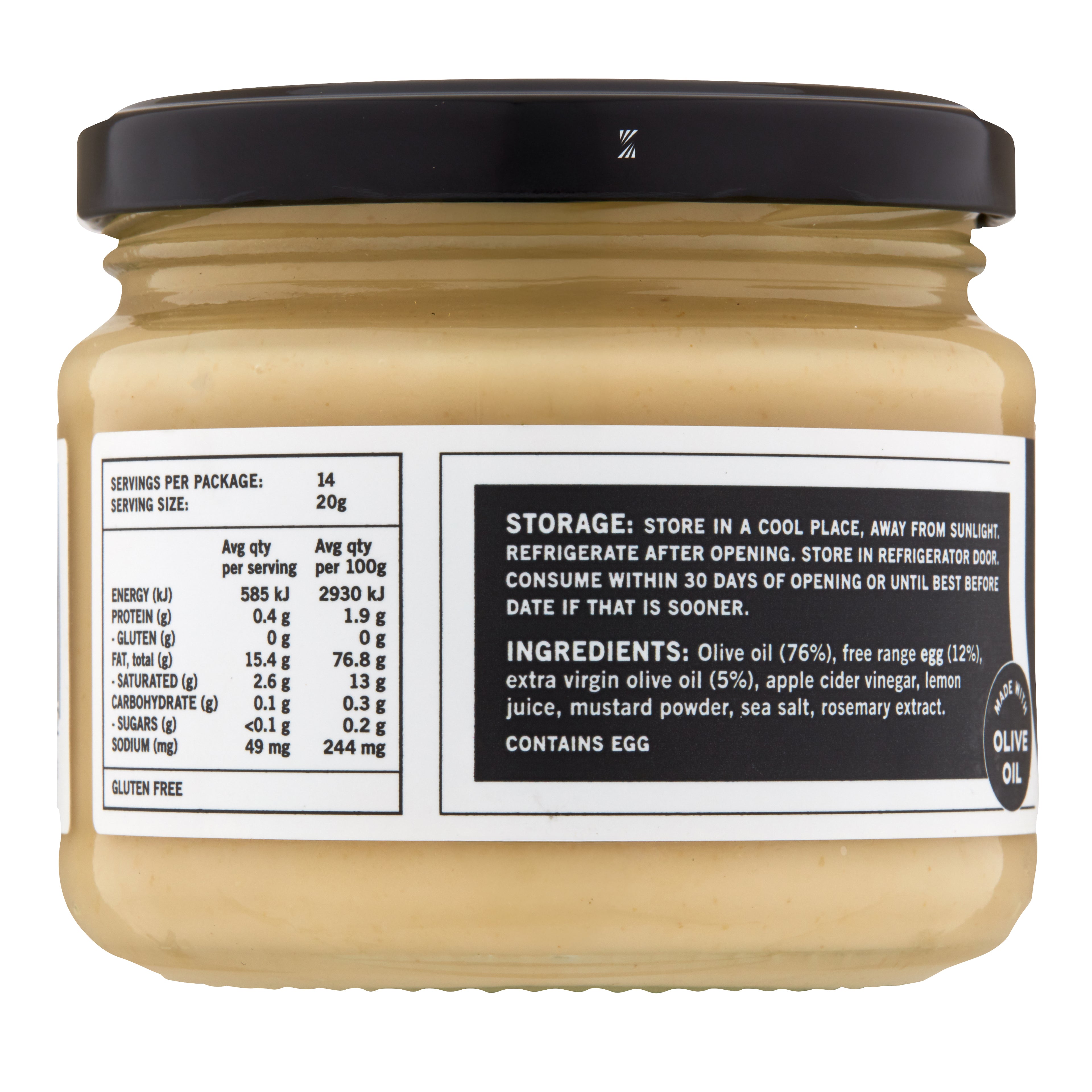 GOOD FAT Mayo 280g jar, ingredients and nutrition panel